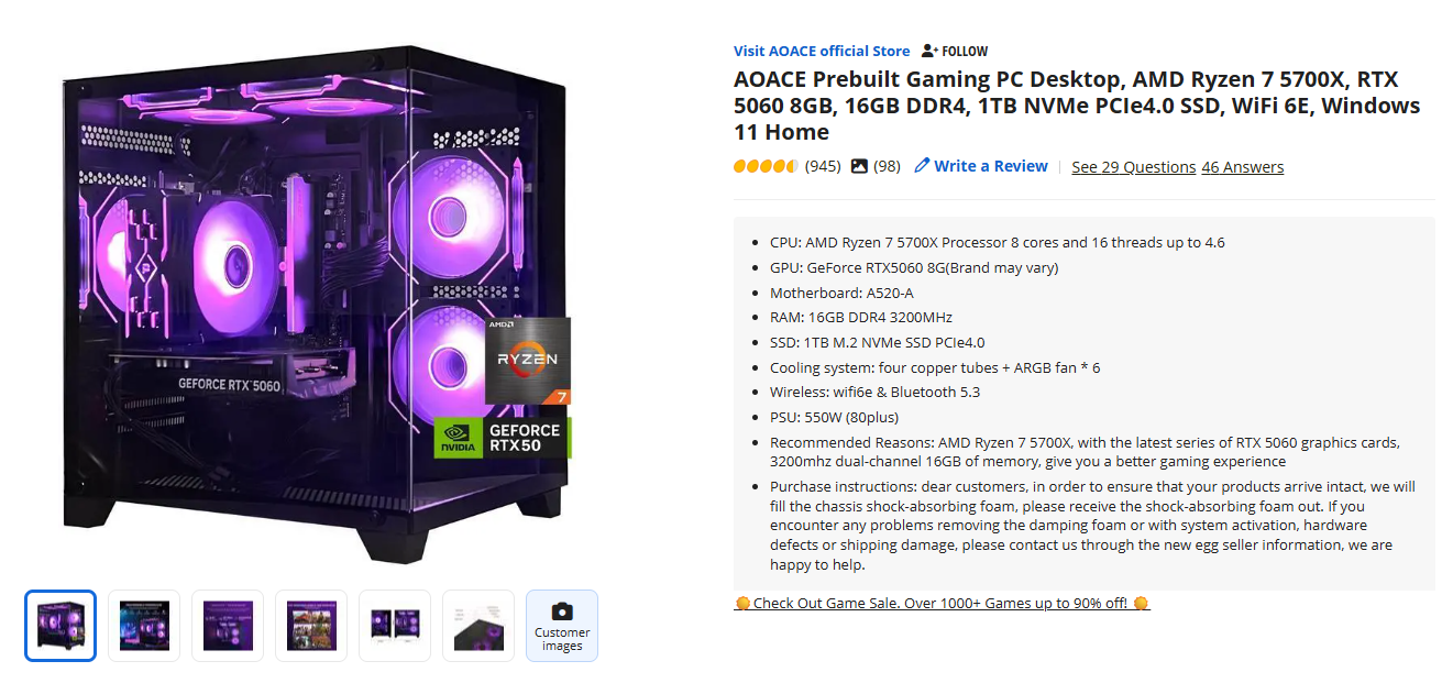 AOACE - R7 5700X - RTX 5060 16GB 1TB NVMe Desktop PC